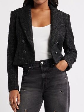 Open Edit Cropped Black Tweed Double-Breasted Jacket